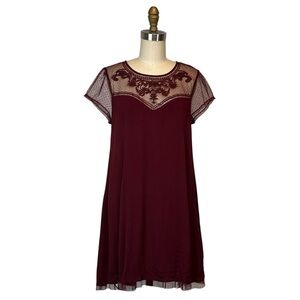 Burgundy Embroidered Mesh Rayon Dress L